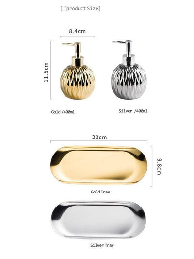 Luxury Gold Soap Dispenser with Press handle  Ceramic Dispenser Silver Dispenser with stainless steel Tray Bathroom Accessory