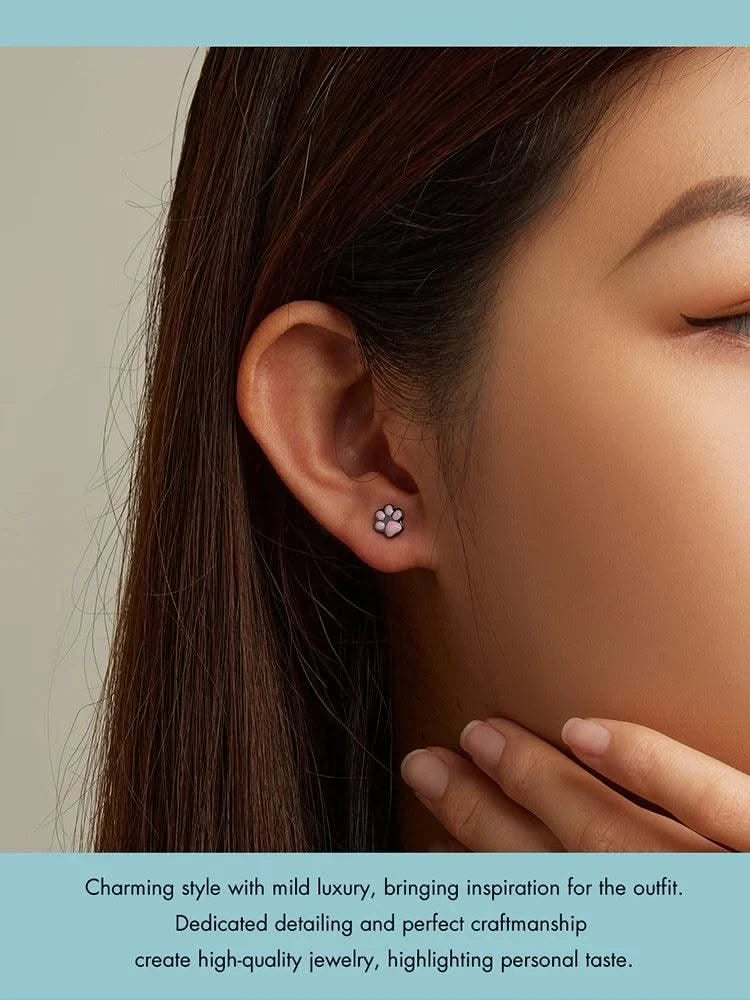 WOSTU Real 925 Sterling Silver Cat Ear Hoop Earrings For Women Lovely Pink Cute Pet Paw Studs Clips Girl Unique Jewelry Gift