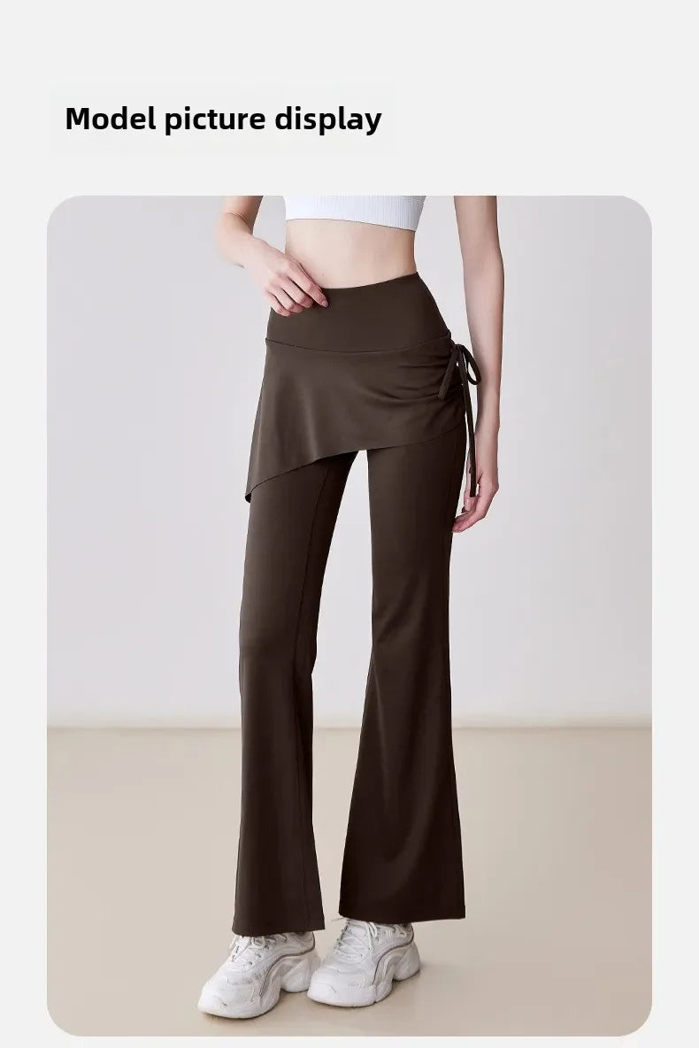 New Flared Culottes for Women Fake Two Micro-flared Pants Wrinkle High Waist Lift Hip Yoga Pants Slim-fit Elastic Waist Rope