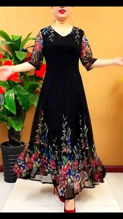 Women's Clothing Stylish Floral Printed Long Dress Summer Short Sleeve Casual Gauze Spliced Elegant V-Neck A-Line Waist Dresses