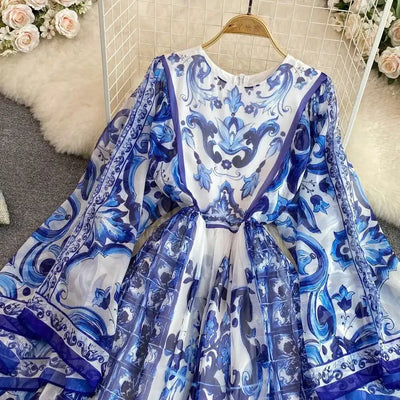 Women Maxi Chiffon Dress Summer Bohemian Rabbits Flower Porcelain Print Clothing Floor Length Flare Sleeve Long Vestidos