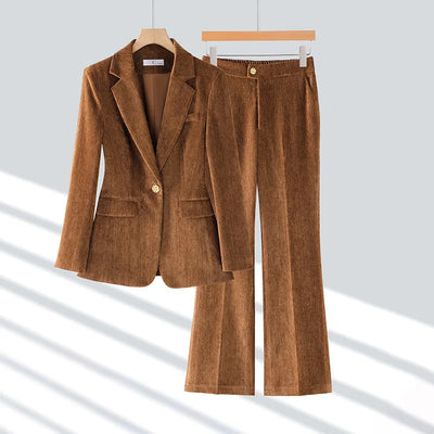 Burgundy Women's Blazer And Pants Suit Velvet Fall Winter Outfits For Women Long Sleeve Jacket 2 PCS Womens Clothing