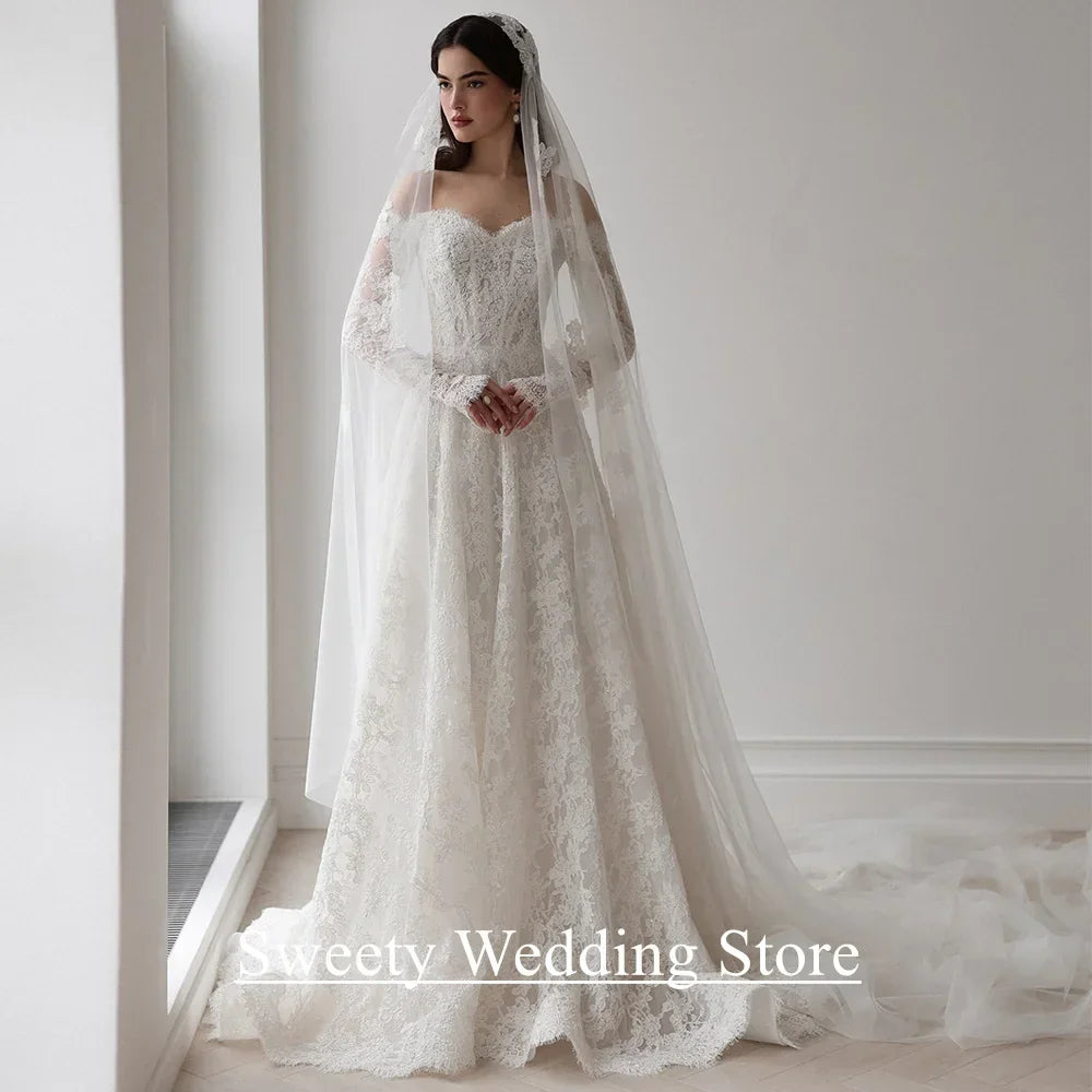 Saudi Arabia Wedding Dress Customized Sweetheart Full Sleeves Pearls Lace Bridal Gown Sweep Train Arabian Bride Dresses
