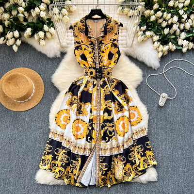 Summer Print Dress Women Sleeveless Elegant High Waist A-line Long Dresses for Women