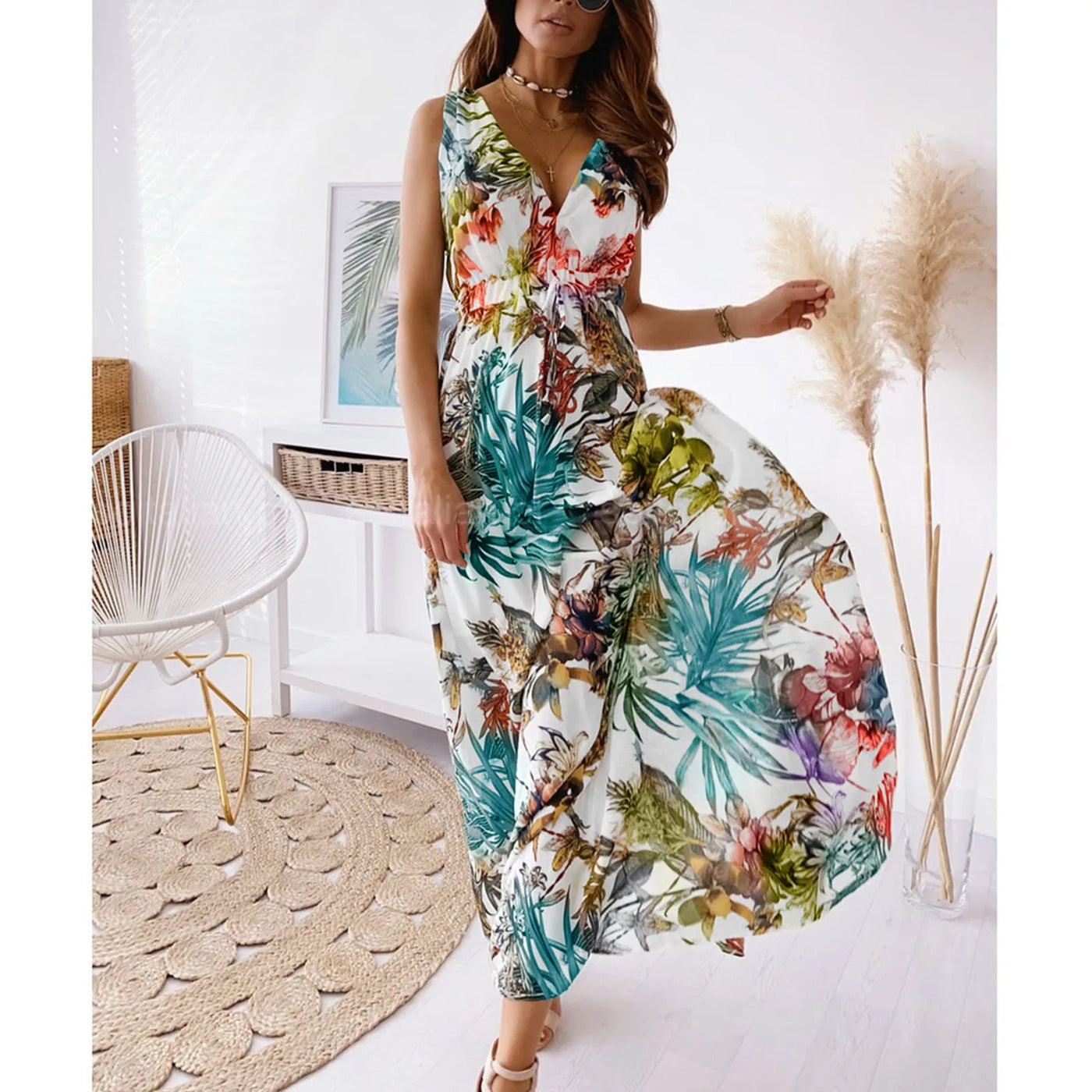 dresses for women Summer dress Casual Print Bandage Elastic Waist V-Neck Sleeveless sexy long Dresses vestidos verano moda 2024