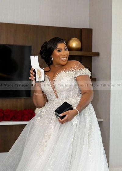 Wedding Dresses for Bride Sheer Neck Lace up Back Sequins Pearls PLUS SIZE ONLY