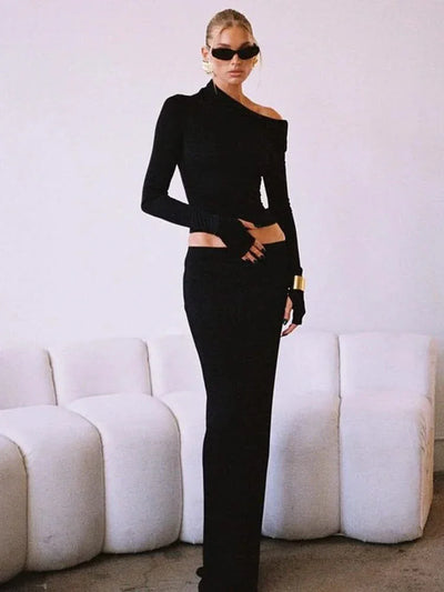 Ahagaga Sexy Club Women Tracksuits Solid Fashion Full Sleeve With Gloves Skew Collar Suit Sets Elegant 2 pieces (Tops+Skirts)