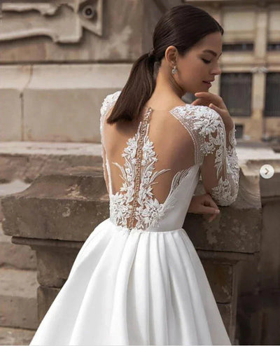 Elegant Satin Wedding Dresses Long Sleeve Lace Bride Gowns Illusion Back Covered Back Vestido De Novia Simple Women's Customized