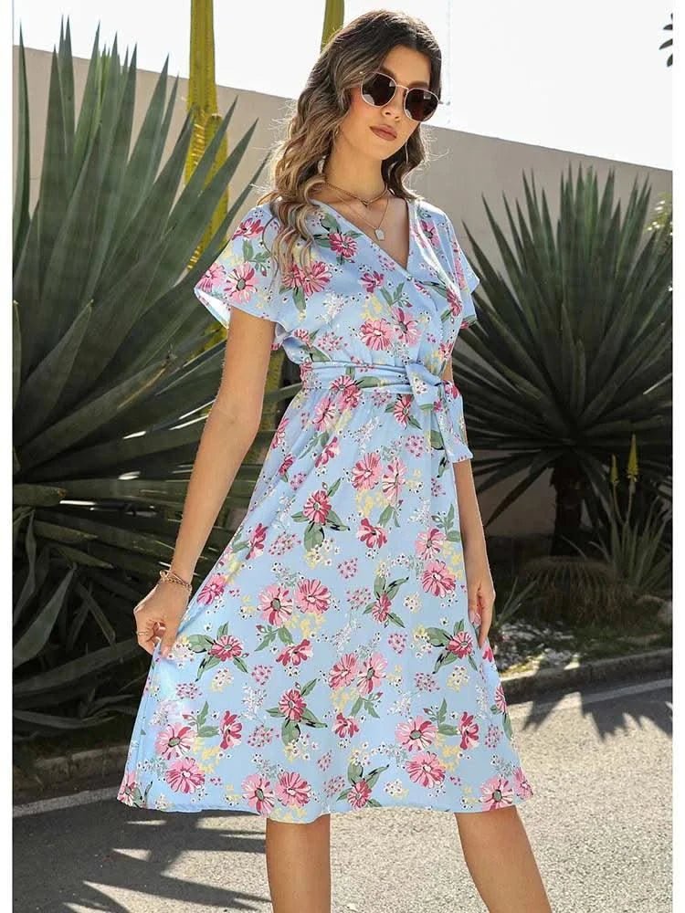 Floral Print Midi Dress Women Robe Elegant Chic
