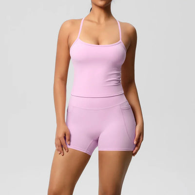 2PCS Sportswear With Pocketed Yoga Set Gym Clothes Yoga Suits For Women Tracksuits Sports Shorts Crossover Bra Gym Leggings
