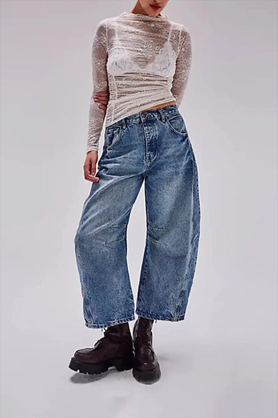Midiross High Stretch Mid-Rise Barrel Jeans Fashion wide Leg Shape Women Casual Baggy Mid Waist Denim Jeans