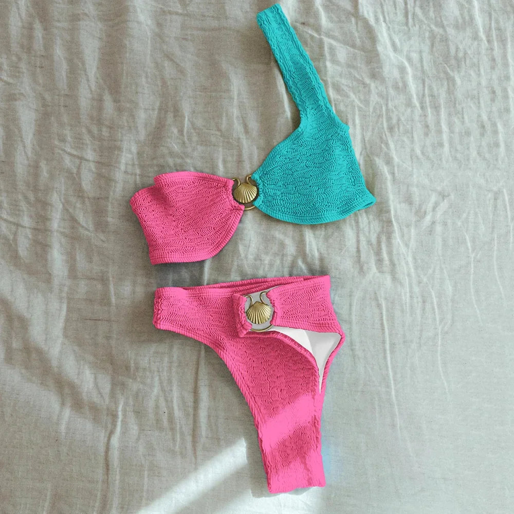 Pleasted Bikinis Colaless Swimsuit Triangle Bikini Set Women Swimwear Halter Bathing Suits Bandage Beachwear Brazilian