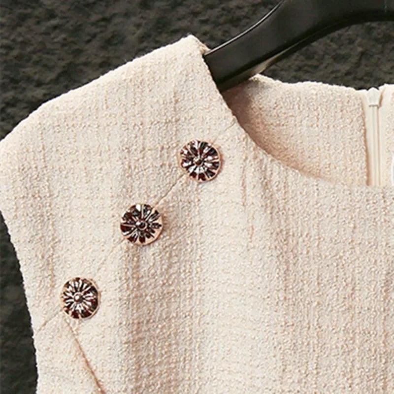 Women's Tweed Ruffled Mini Dress – Casual Round Neck Sleeveless Female Robe