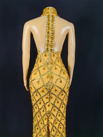 Women Sexy Stage Shining Rhinestone Sequins Dress Evening Prom Birthday Dress Transparent Performance Singer Club Host Dress