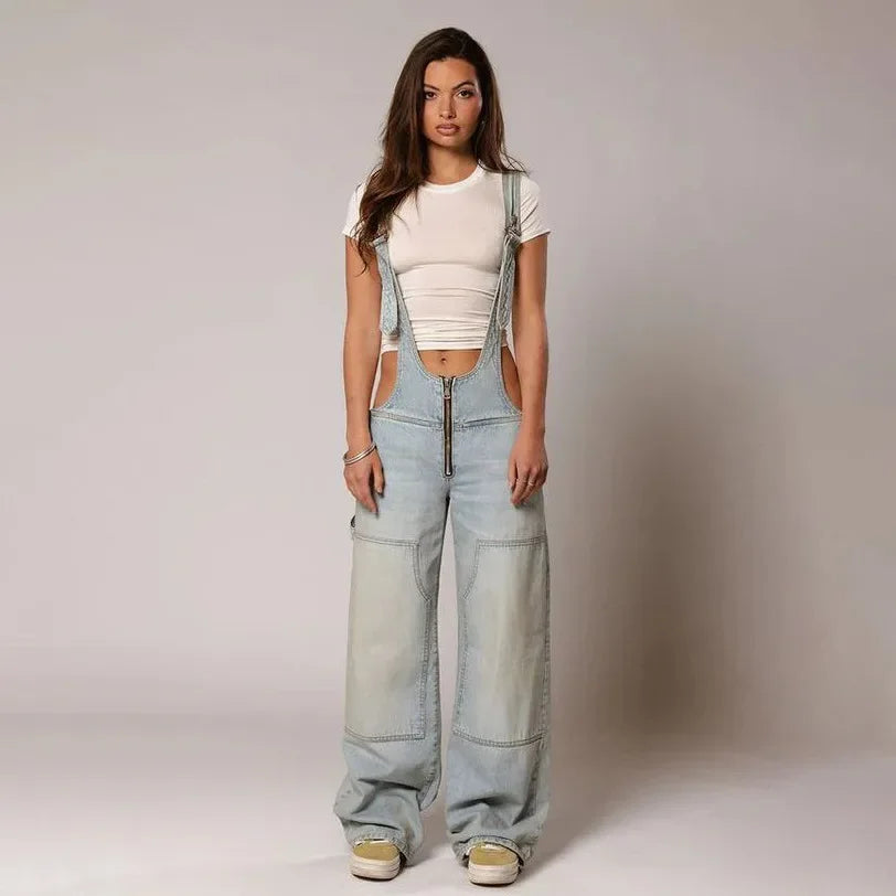 Jumpsuits Women Jeans Overalls Sexy Backless Vintage Full Length Denim Straight Pants Loose Pockets Distressed Washed Casual