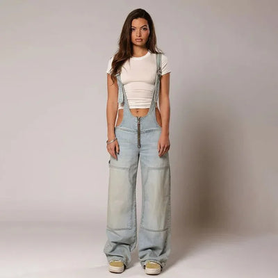 Jumpsuits Women Jeans Overalls Sexy Backless Vintage Full Length Denim Straight Pants Loose Pockets Distressed Washed Casual