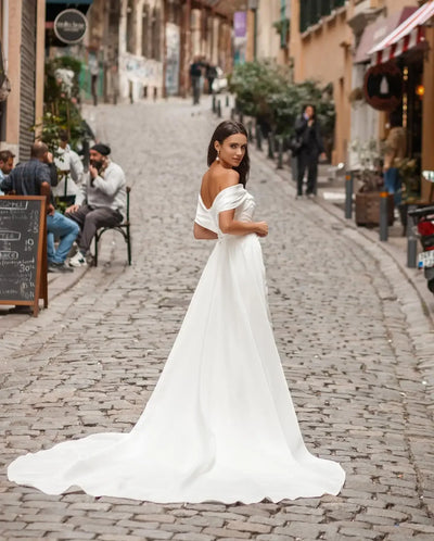 Elegant Off The Shoulder Soft Satin Sheath/Mermaid Plus Size Wedding Dresses Side Slit Detachable Train Formal Bridal Grown 2025