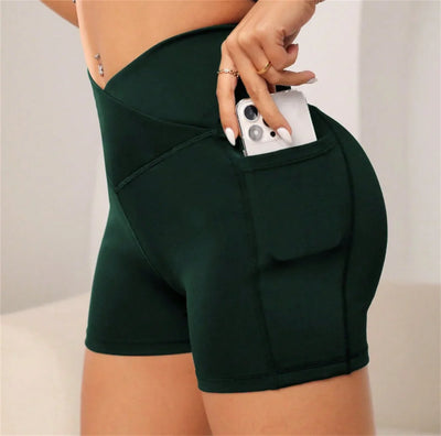 Women's High Cross Waist Biker Shorts Side Pockets Buttery Soft Comfy Criss Cross Running Yoga Athletic Short Pants