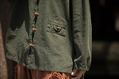 Cotton Linen Women's Literary Vintage Ramie Tops Shirt Women's Patchwork Colour Plate Button Lapel Cardigan Jacket Chinese Style