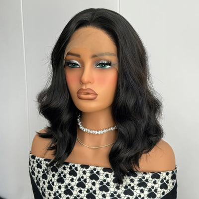 Short Wavy Black Curly Bob Wigs for Women Synthetic Free Part Shoulder Length Short Body Wave Glueless 13X4 Lace Front wigs