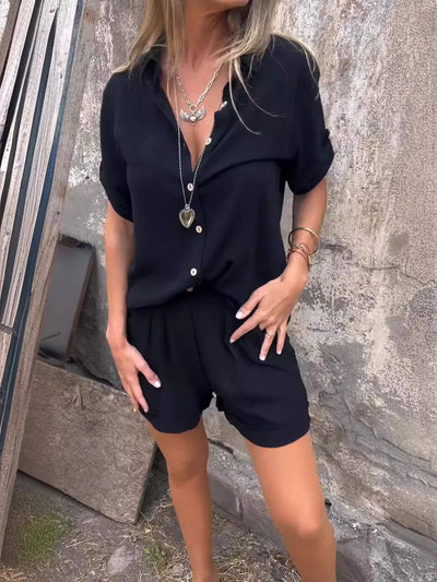 Women Casual Two Piece Outfits Short Sleeve Button Down Oversized Shirts and Drawstring Shorts Sets Summer Loungewear Streetwear