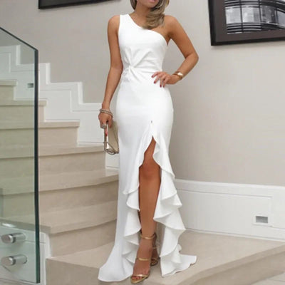 2025 Women's Dress Evening Slit Solid Color Elegant Asymmetric Off-Shoulder Long Dress for Female