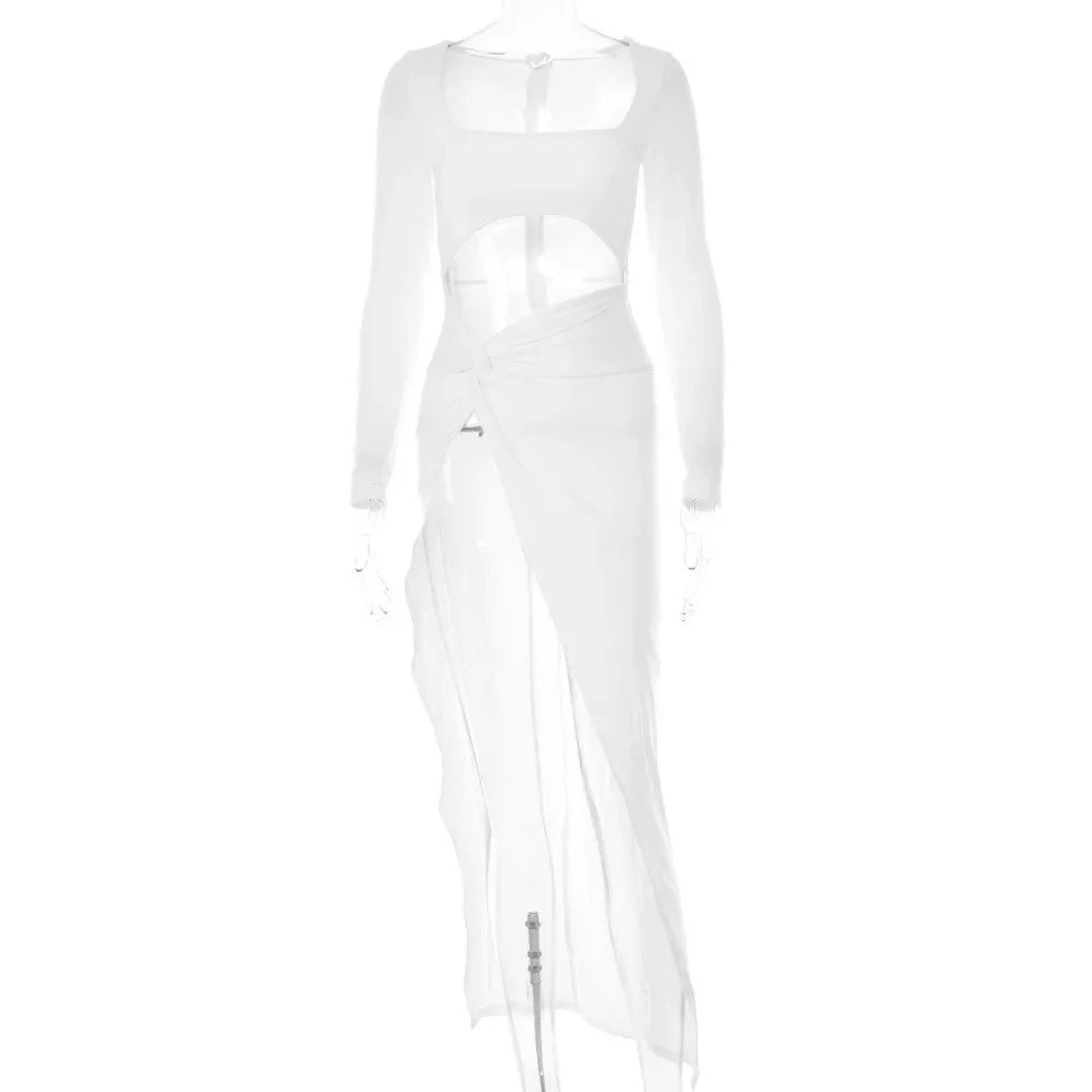 Y2k Summer midriff Baring Elegant Sexy Long Sleeve Ruched Bodycon Dress Women  Maxi Dresses Skinny Stretchy Party Vestidos
