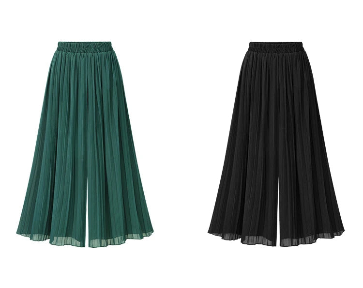Loose Wide Leg Plus Size Pants Women Summer Fashion Streetwear Pleated Pants Skirts Elastic Waist Culottes Black Green Trousers
