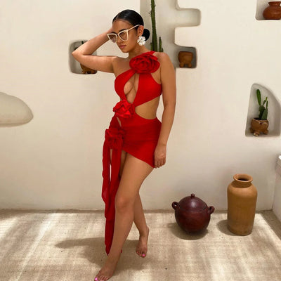 2025 Red Flower Swimsuit With Cover Up Desire Swim Suit Luxury Women Swimwear Sexy Hollow Bikini Beachwear Bodysuit Bathingsuit