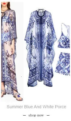 Women Maxi Chiffon Dress Summer Bohemian Rabbits Flower Porcelain Print Clothing Floor Length Flare Sleeve Long Vestidos