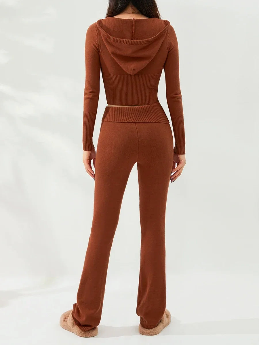 Women Tracksuit  Knit Lounge Set Long Sleeve Zip Up Hoodie with High Waist Wide Leg Pant 2 Piece Sweater Ensemble Casual Set