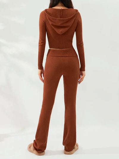 Women Tracksuit  Knit Lounge Set Long Sleeve Zip Up Hoodie with High Waist Wide Leg Pant 2 Piece Sweater Ensemble Casual Set