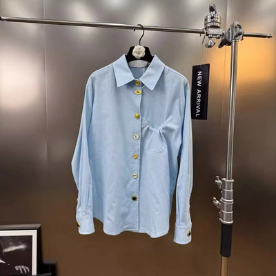 VGH Chic Spliced Metal Buckles Two Piece Set for Women Lapel Long Sleeve Top High Waist Patchwork Drawstring Pants Suit Female