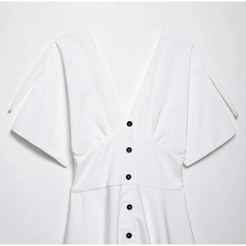 Women's Dress 2025 Summer Autumn New White Short Sleeve Buttons V Neck Midi Dress Casual Fashion Personality Versatile Vestidos