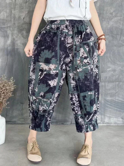 Fashion Printed Cotton Linen Harem Pants for Women 2025 Summer Casual High Waist Calf-Length Loose Trousers Female Streetwear