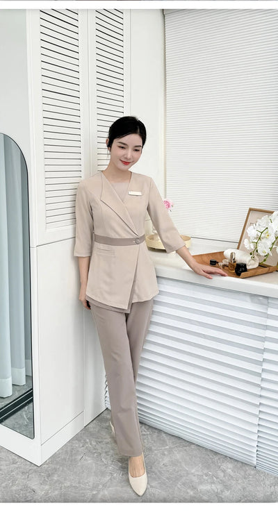 Women's Khaki SPA Uniform Set 2025 Spring/Autumn New Style Beauty Salon Front Desk Workwear Top And Pants Company Wholesale