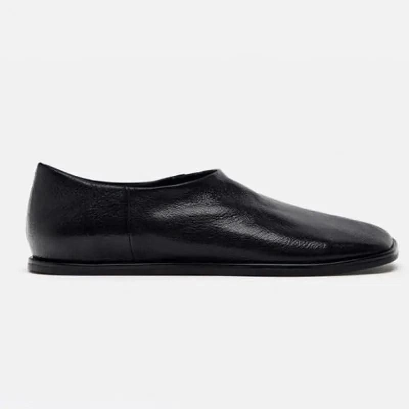Genuine Leather Women's Black Square Toe Flats Comfortable Summer Shoes