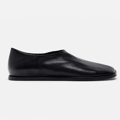 Genuine Leather Women's Black Square Toe Flats Comfortable Summer Shoes