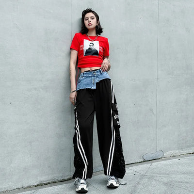 Wide Leg Pants Women Floor Length Patchwork Lace Denim Stripe Print High Waist Multiple Pockets 2025 Streetwear Cargo Trousers