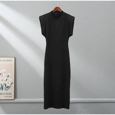 ZBZA Women's Slim Party Dresses Round Neck Sleeveless Shoulder-padded Bodycon High Waist Midi Dress Spring New Female Chic Dress