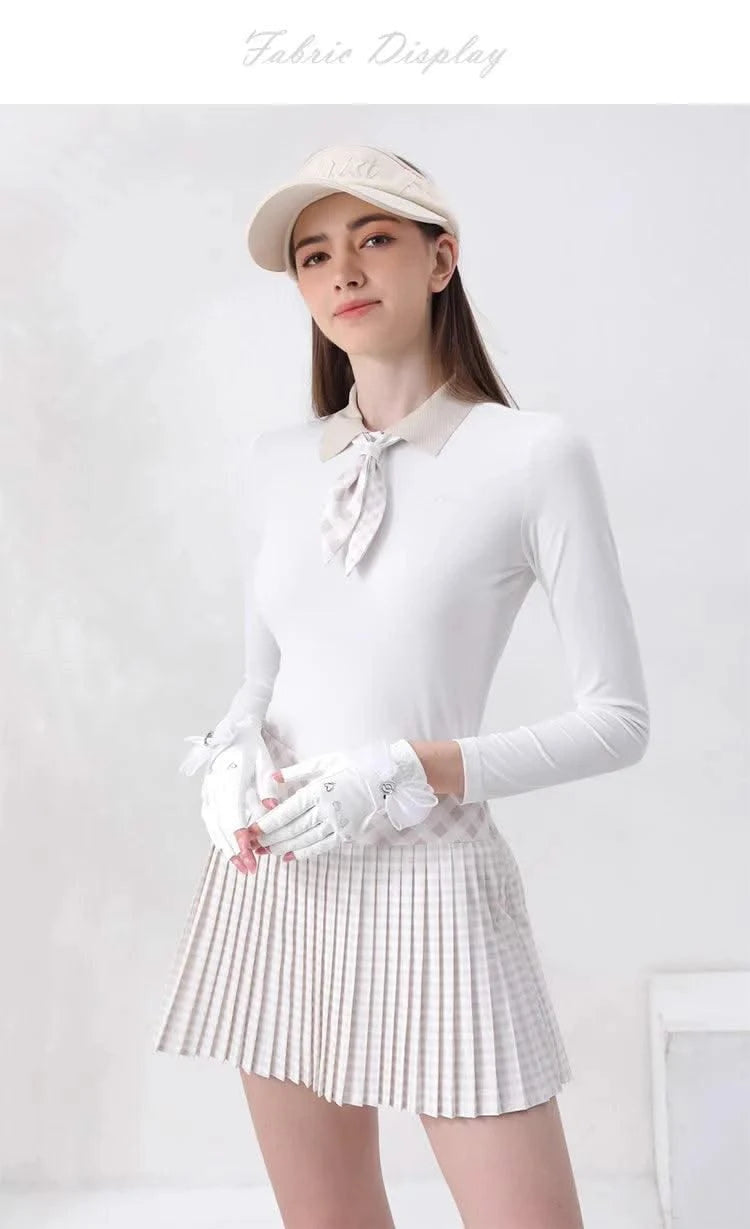 Women's Golfwear for Spring/Autumn Slim-Fit Long-Sleeve Top with Polo Collar and Bow Tie, High-End Golf Hundred-Pleat Skirt Suit