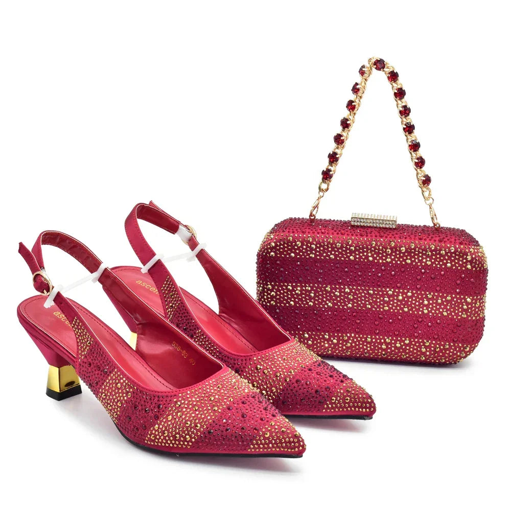African Shoe and Bags Set for Wedding Women Shoes and Bags To Match Set with Rhinestone Italy Lady Pumps Women Shoes Luxury