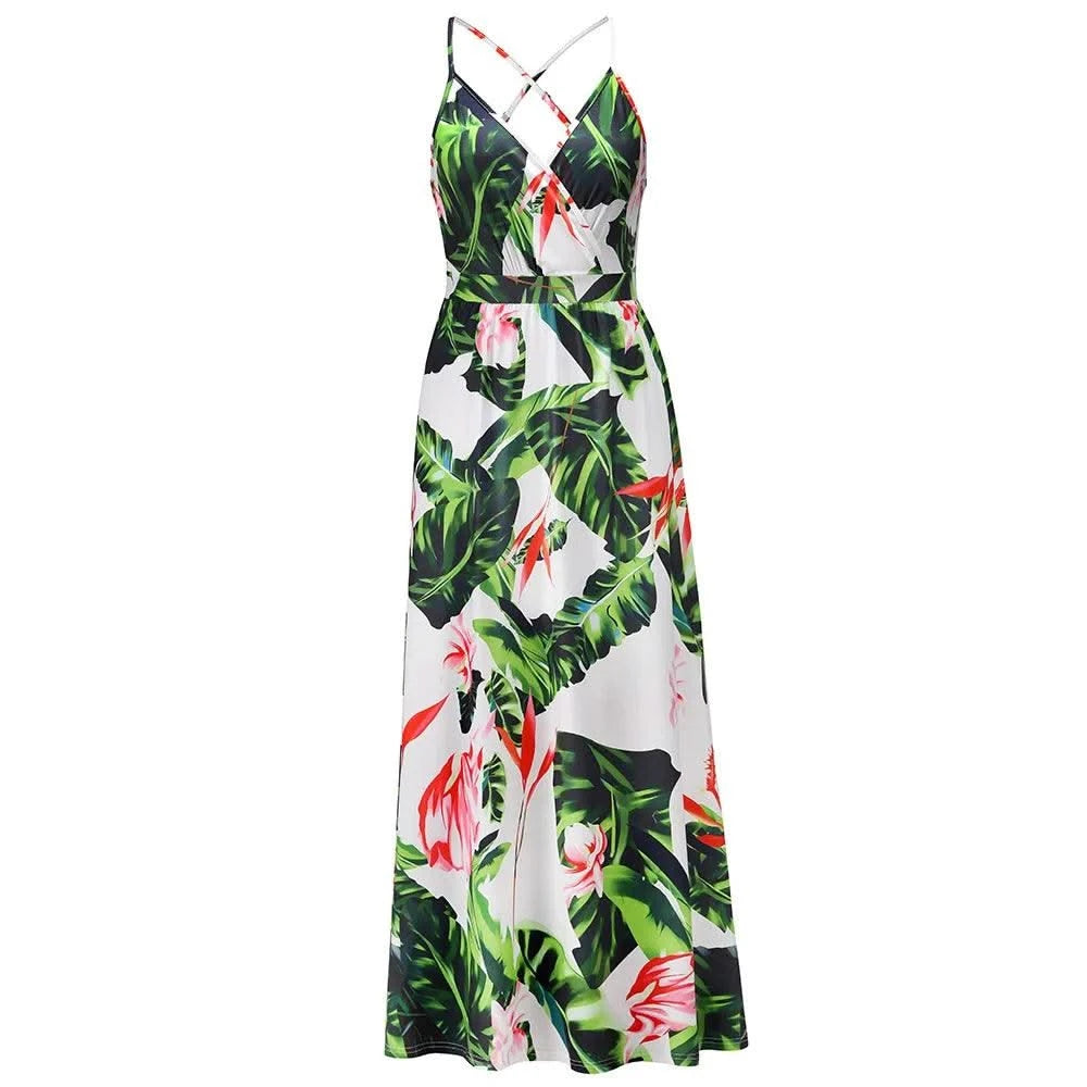 Floral Dress Women's Summer Dress Sexy Backless V-neck Suspender Long Dress