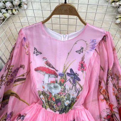 Women Maxi Chiffon Dress Summer Bohemian Rabbits Flower Porcelain Print Clothing Floor Length Flare Sleeve Long Vestidos