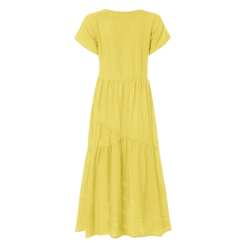 Bohemian Summer Dress for Women V Neck Vestidos Ladies Streetwear Solid Ruffle Dresses Asymmetrical Loose Robe Women Clothing