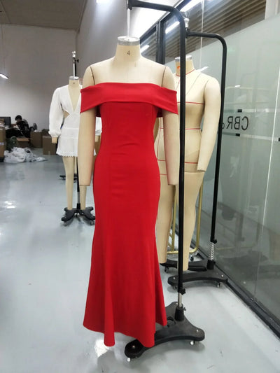 Women's Evening Dress 2024 Spring/summer Latest Intelligent Solid Color Red Temperation One Shoulder Party Tight Long Skirt
