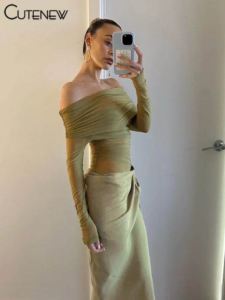 Cutenew Mesh Ruched Women Maxi Dress Sexy See Through Off Shoulder Long Sleeve Sheath Vestidos Female Midnight Party Solid Robe