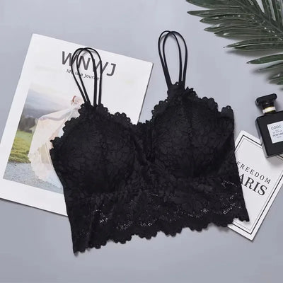 Women's Lace Bra Sexy Hollow Out Flower Underwear Bralette Wireless Push Up Breathable Strap Padded Vest Lingerie