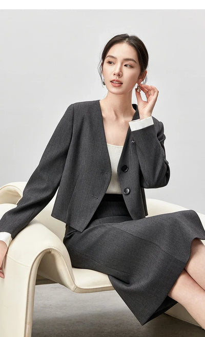 SENTUBILA Two Piece Skirt Sets Women Outfits 2025 Spring Office Ladies V Neck Grey Blazer Jackets Straight Slit Skirt 143Z56241