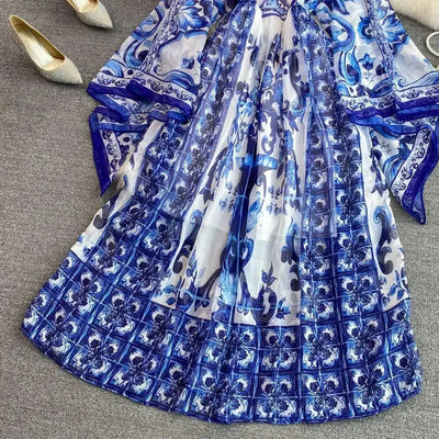Women Maxi Chiffon Dress Summer Bohemian Rabbits Flower Porcelain Print Clothing Floor Length Flare Sleeve Long Vestidos